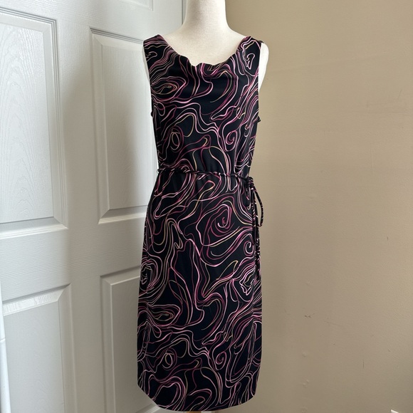 VINTAGE Y2K BLACK PINK SWIRL PATTERN COWL NECK MIDI DRESS - L - Picture 2 of 6